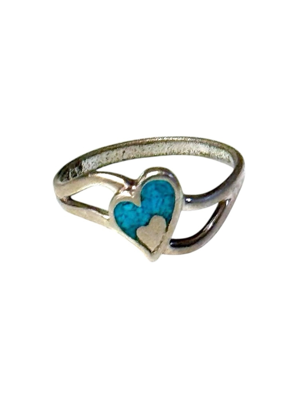 Navajo Vintage 925 Silver Stamped Compressed Turquoise Double Heart Ring Sz 7